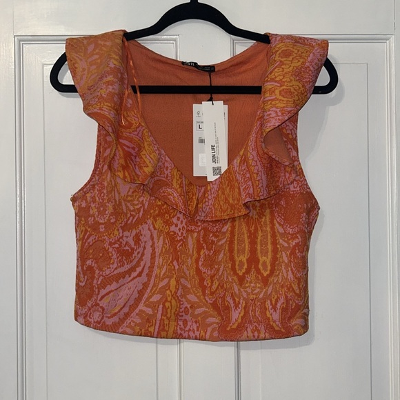 ZARA Rare Orange Pink Paisley Ruffle Crop Blouse Size L NWT Sleeveless Boho Top - Picture 6 of 8